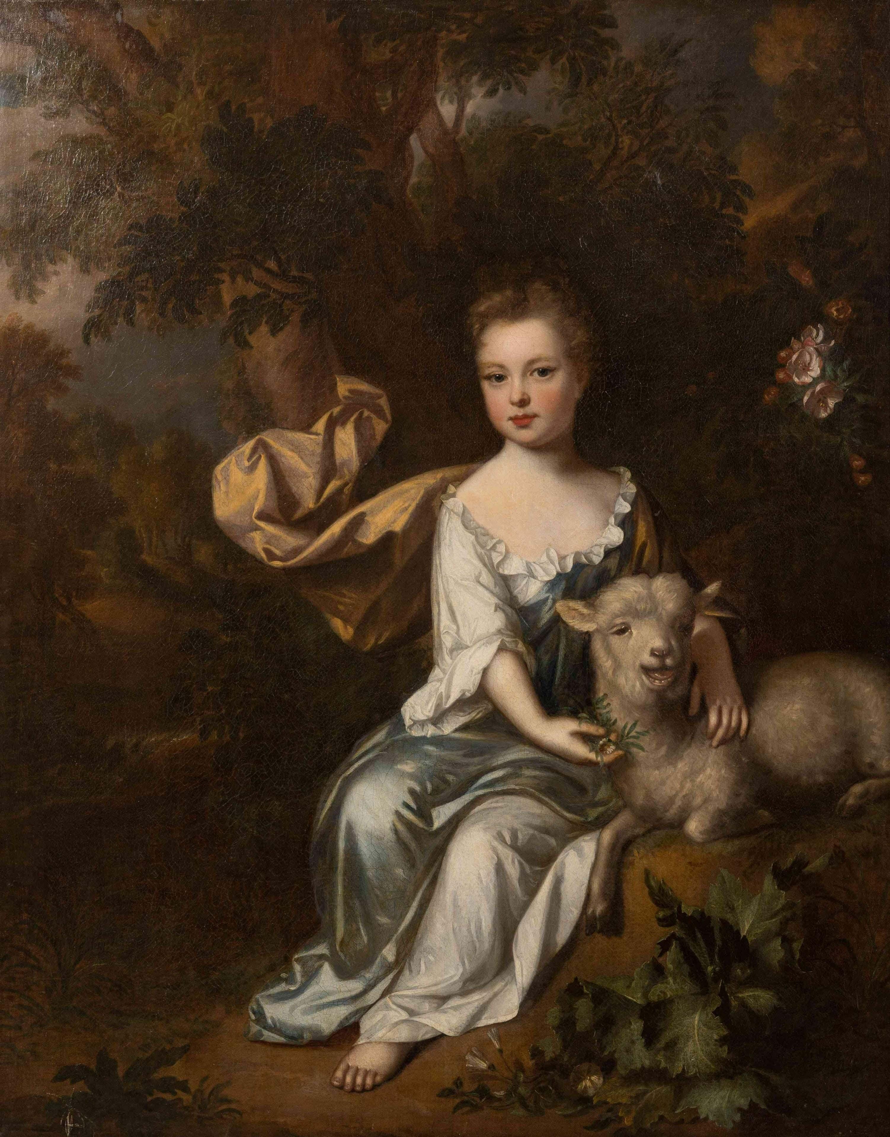English 17th century portrait of a young girl in a landscape with a lamb  - Painting by John Closterman