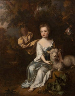 English 17th century portrait of a young girl in a landscape with a lamb
