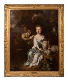 Antique English 17th century portrait of a young girl in a landscape with a lamb 