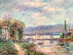 "Boats on The Canal" British American Impressionist Oil Painting on Canvas