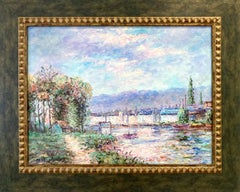 "Boats on The Canal" British American Impressionist Oil Painting on Canvas