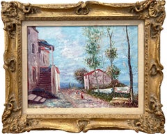 Antique "Figures in the Village" British American Impressionist Oil Painting on Canvas