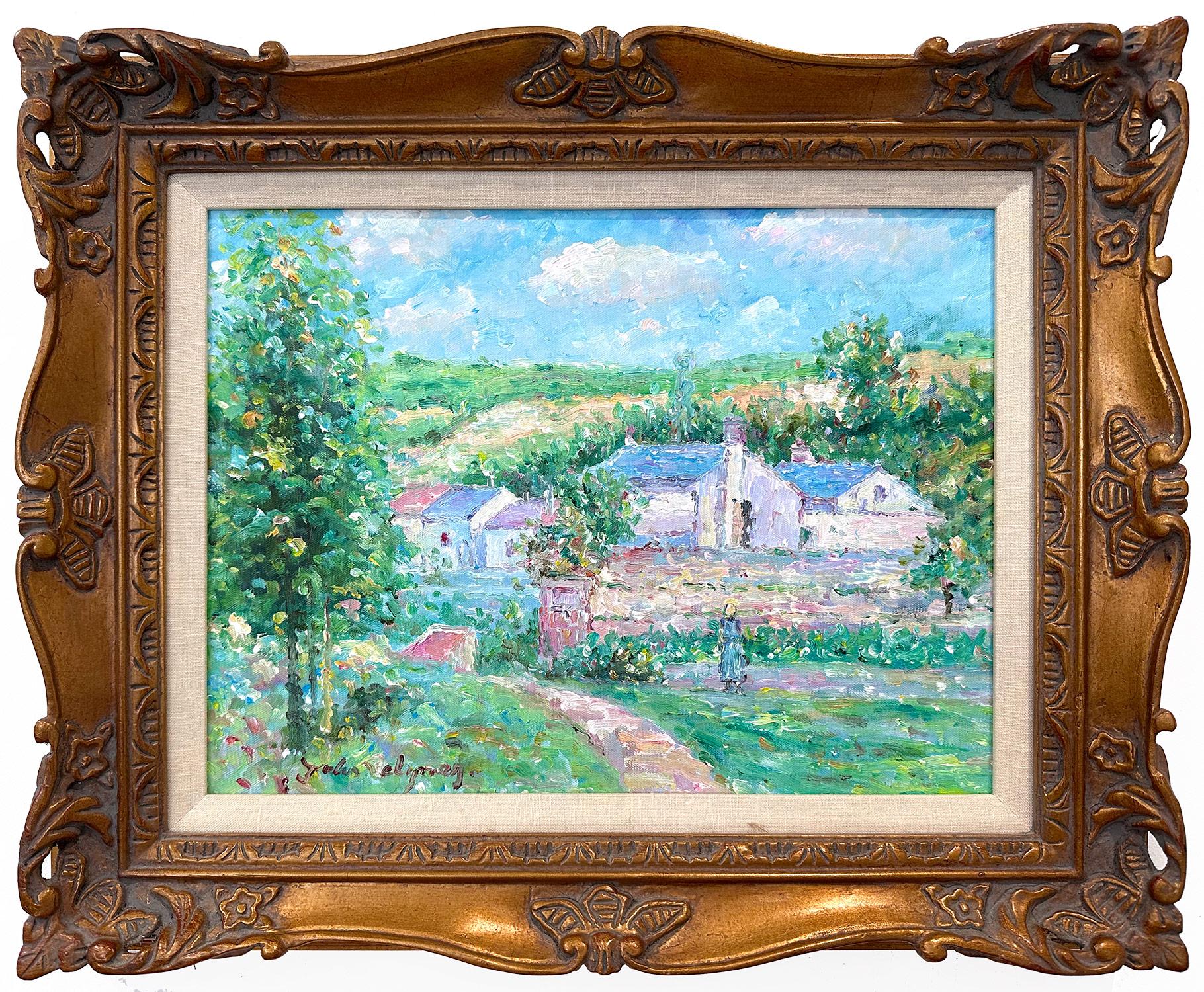 "Figure Near the Village" British American Impressionist Oil Painting on Canvas
