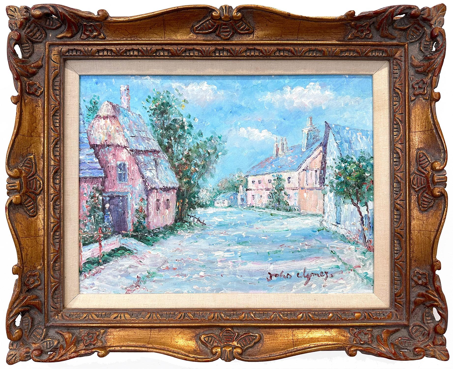 Landscape Painting John Clymer - "Figure dans le Village" Peinture à l'huile impressionniste britannique américaine sur toile