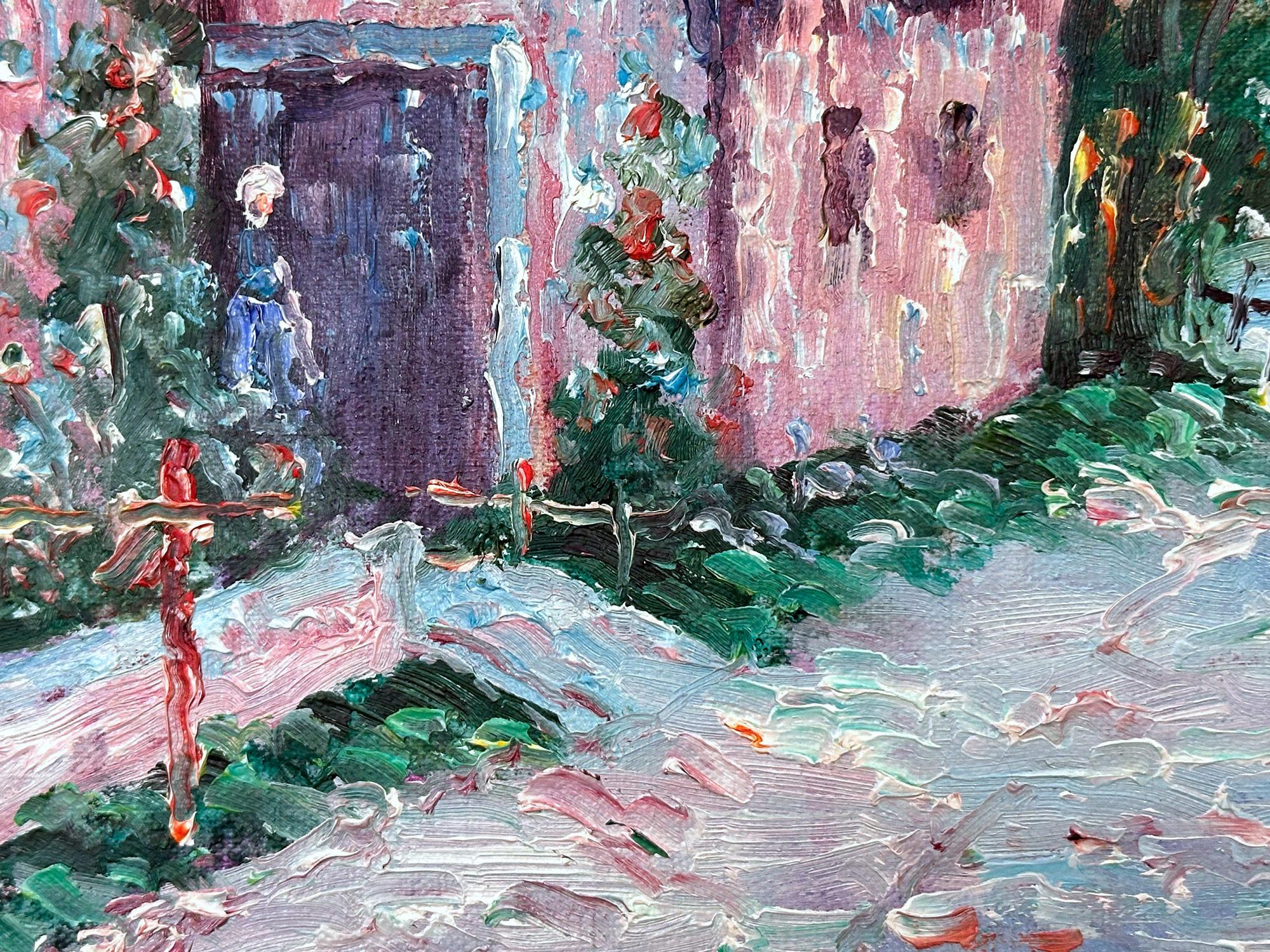 Un magistrale dipinto a olio che raffigura una figura nel villaggio dell'artista britannico americano John Clymer. Come pittore impressionista, era noto per i suoi paesaggi pastorali che ritraevano scene di vita quotidiana, in particolare città