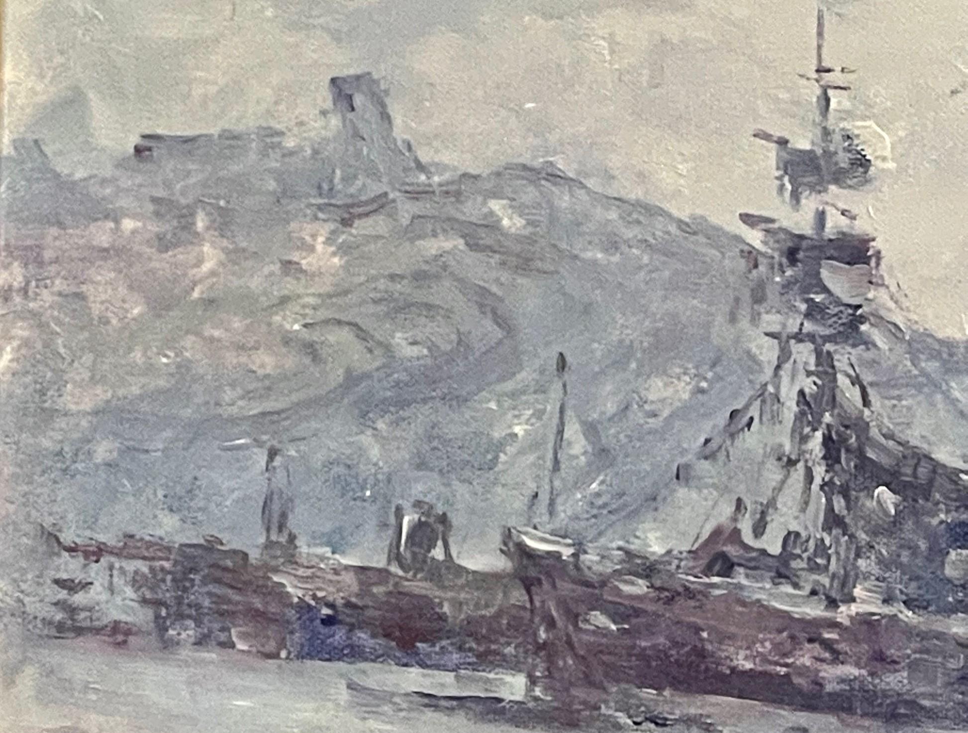 Esta Escena portuaria del artista británico/americano del siglo XX John Clymer es una fina pintura impresionista al óleo sobre lienzo.  Clymer fue un maestro del impresionismo en paisajes y marinas, con pinceladas en capas y remolinos para crear el