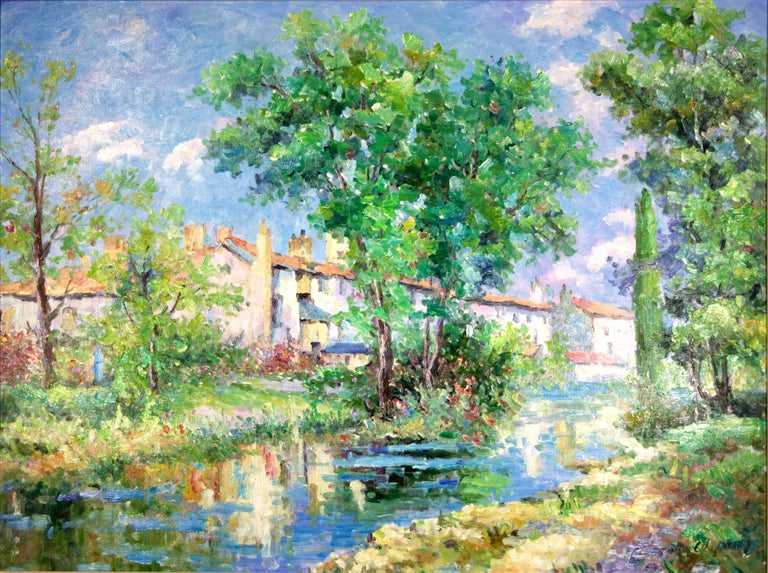 John Clymer 'Landscape with canal, trees and houses' impressionist