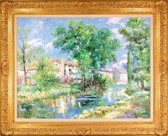 landschaft mit Kanal:: Bäumen und Häusern":: impressionistisches Gemälde von John Clymer