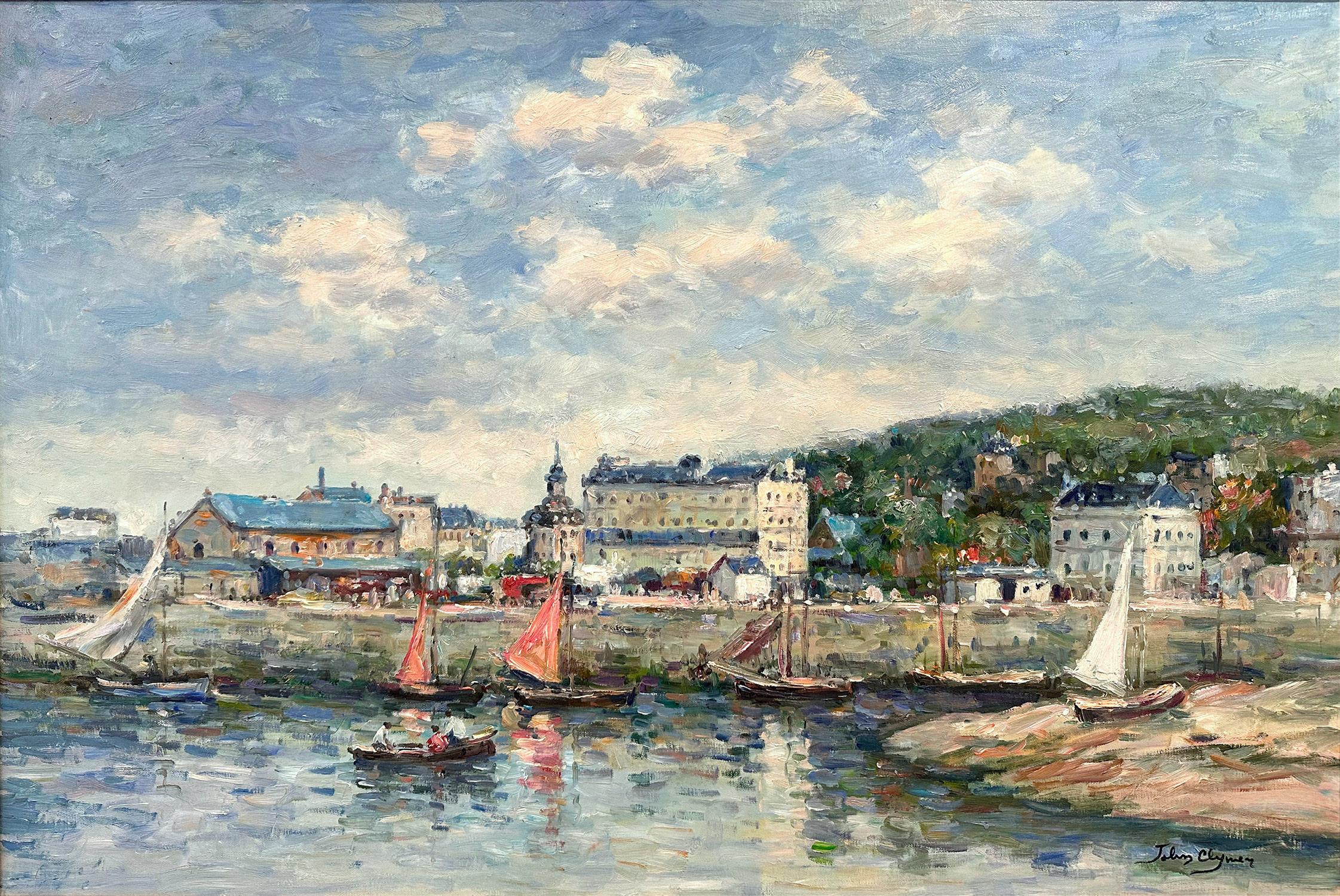 A masterful oil painting depicting a Mediterranean harbor scene of Trouville-sur-Mer, commonly referred to as Trouville with the town buildings in the background and sailboats by British American artist John Clymer. This particular scene is after