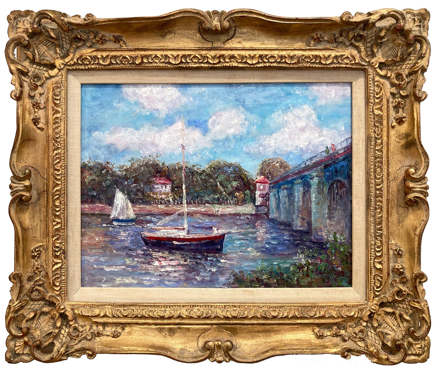"Boats on The Canal" British American Impressionist Oil Painting on Canvas