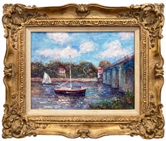 Antique "Boats on The Canal" British American Impressionist Oil Painting on Canvas