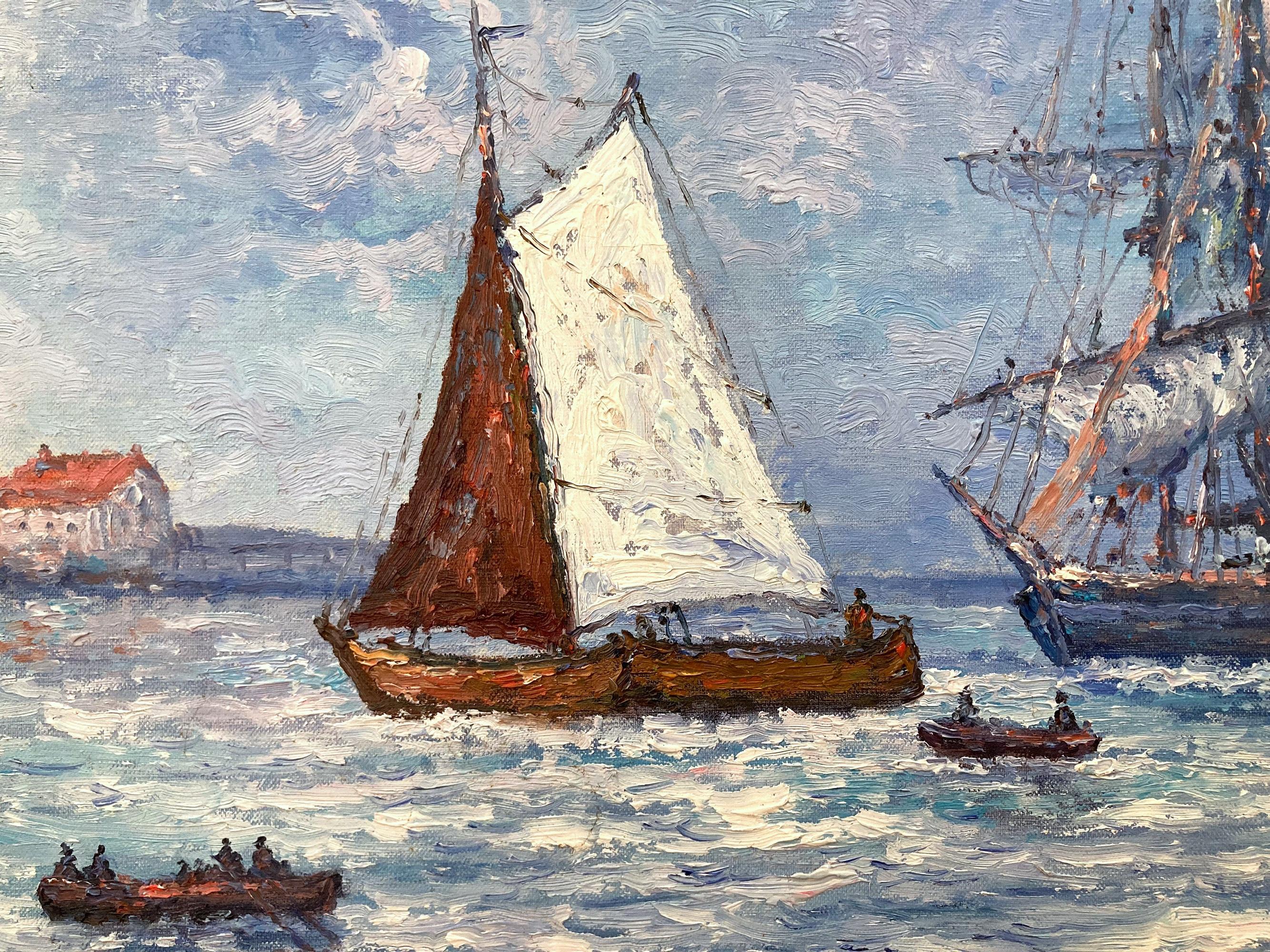 A masterful oil painting depicting a view Sailboats on the water near the harbor by British American artist John Clymer. As an Impressionist painter, he was known for his pastoral landscapes depicting scenes from daily life; notably provincial