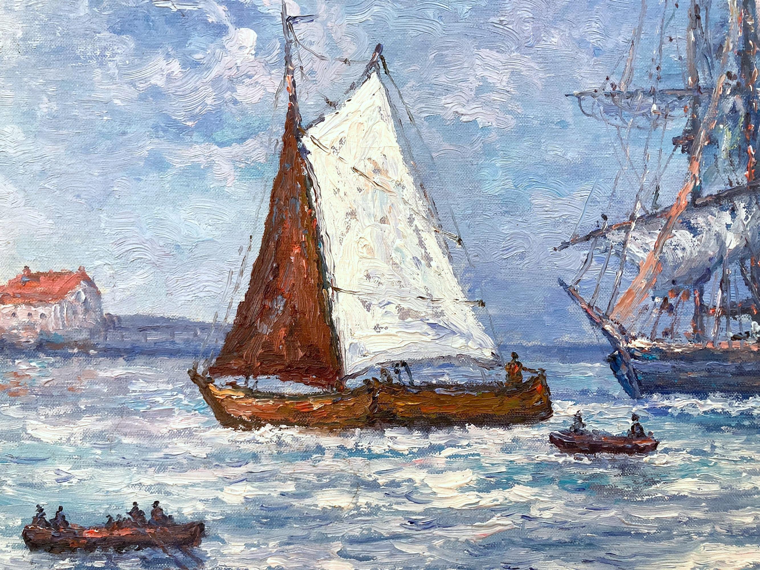 A masterful oil painting depicting a harbor scene by British American artist John Clymer, with a view of a sailboat, and a large masted ship on the water and the village in the distance. As an Impressionist painter, he was known for his pastoral