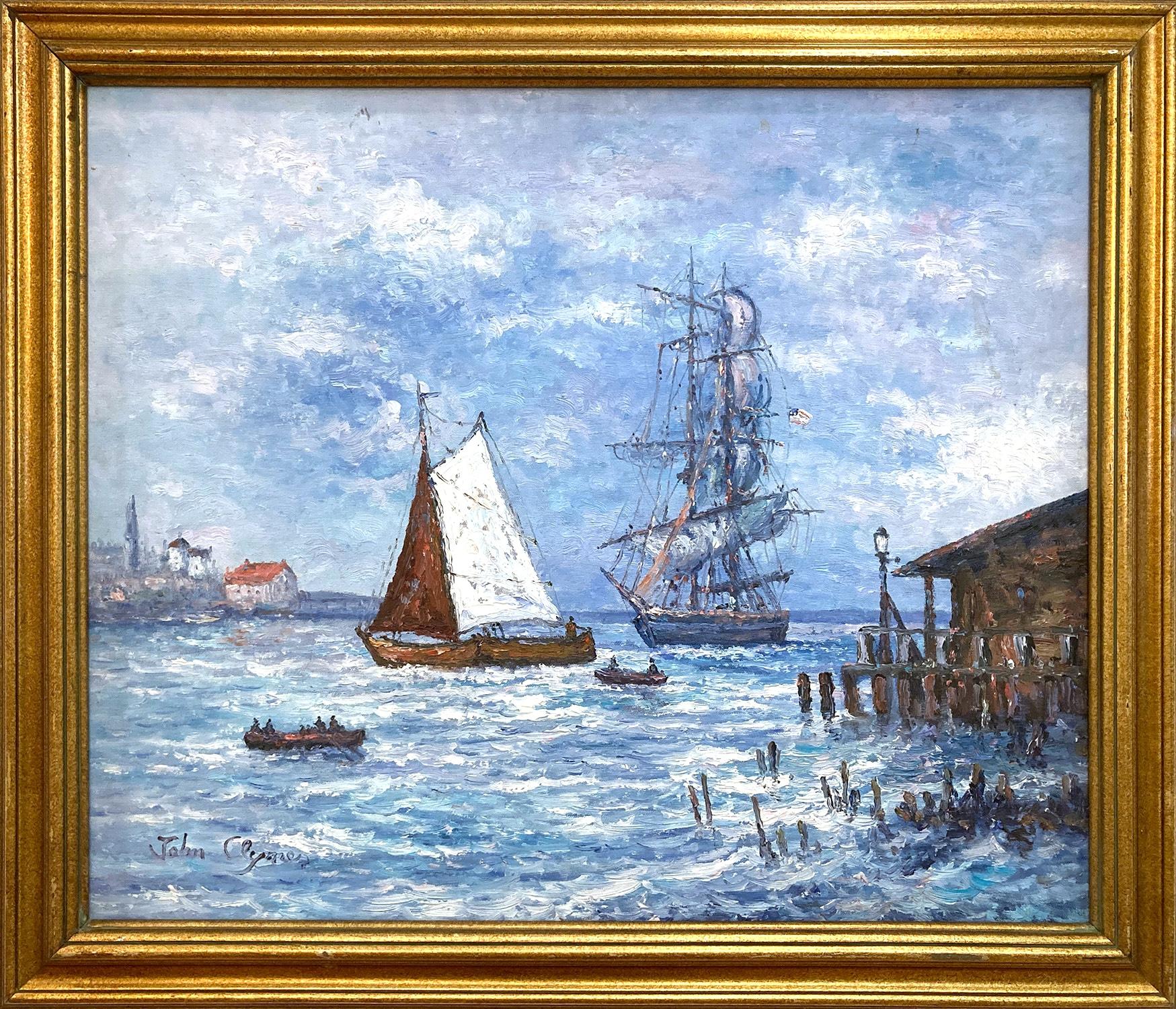 John Clymer Figurative Painting - "View of The Harbor" British American Impressionist Oil on Canvas Painting Frame
