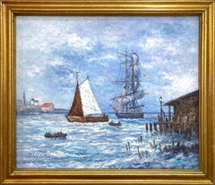 "Vista del puerto" Pintura al óleo sobre lienzo del impresionista británico americano
