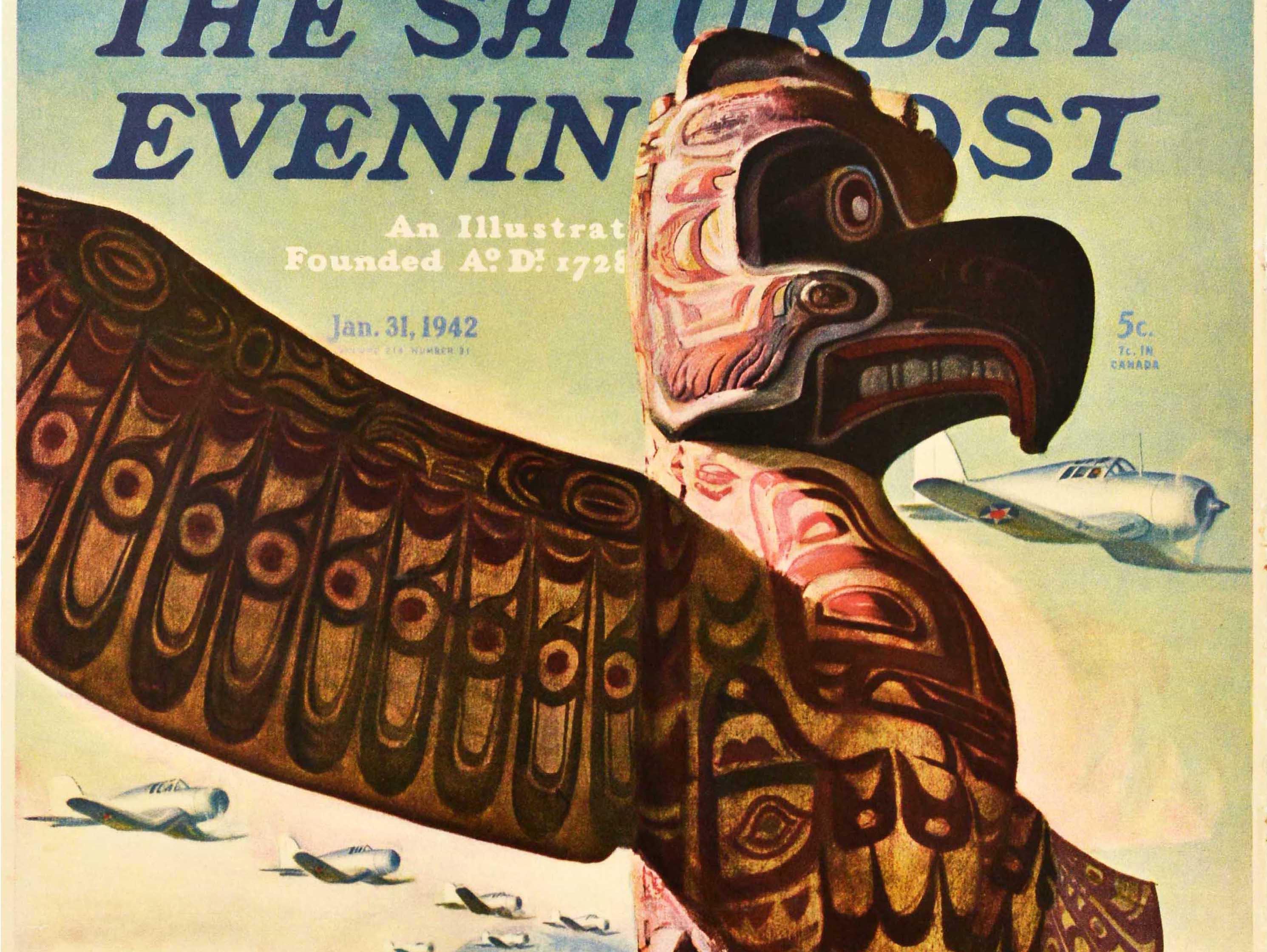 Poster pubblicitario originale d'epoca Totem Pole Saturday Evening Post WWII Clymer - Print Beige di John Clymer