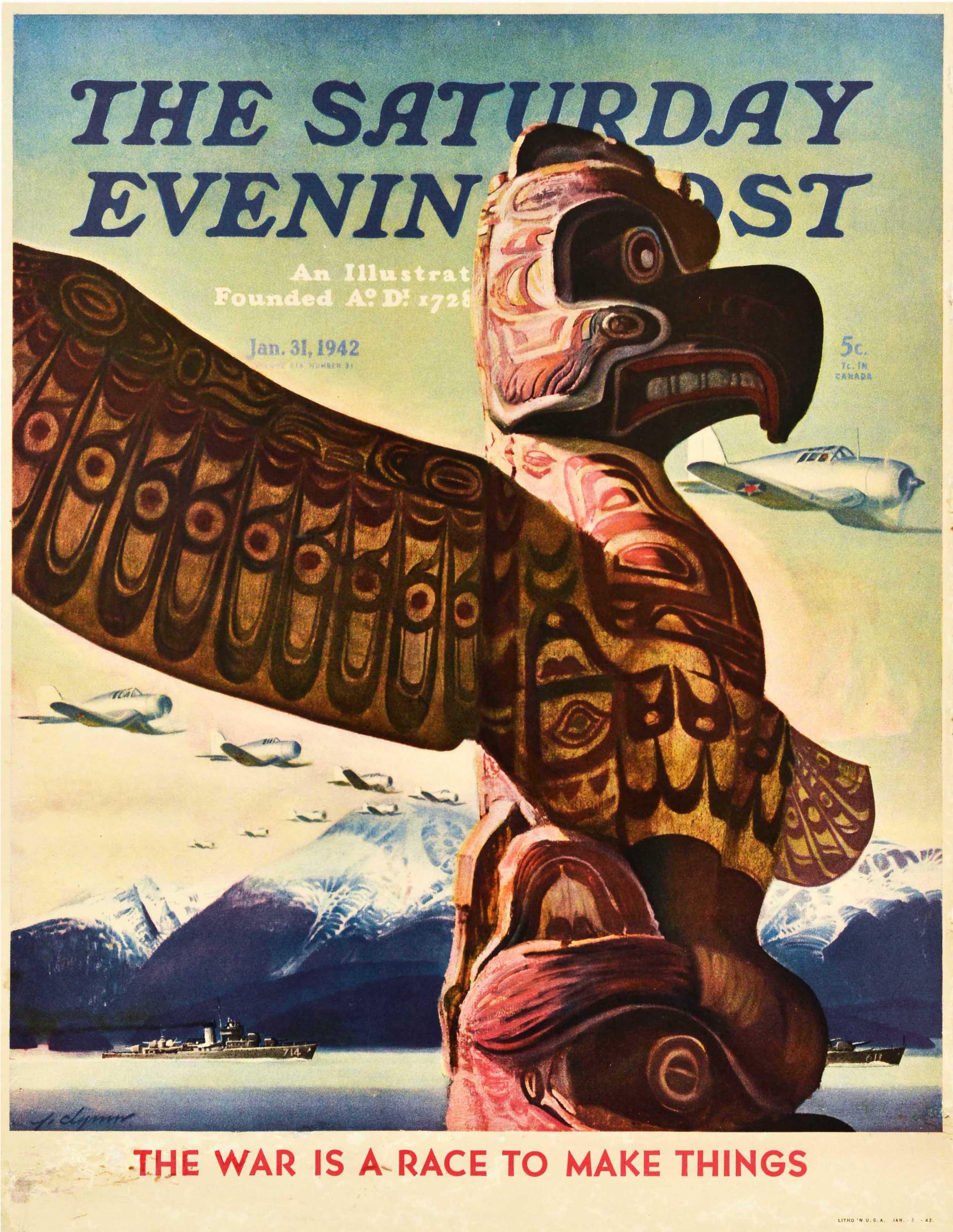 Print di John Clymer - Poster pubblicitario originale d'epoca Totem Pole Saturday Evening Post WWII Clymer