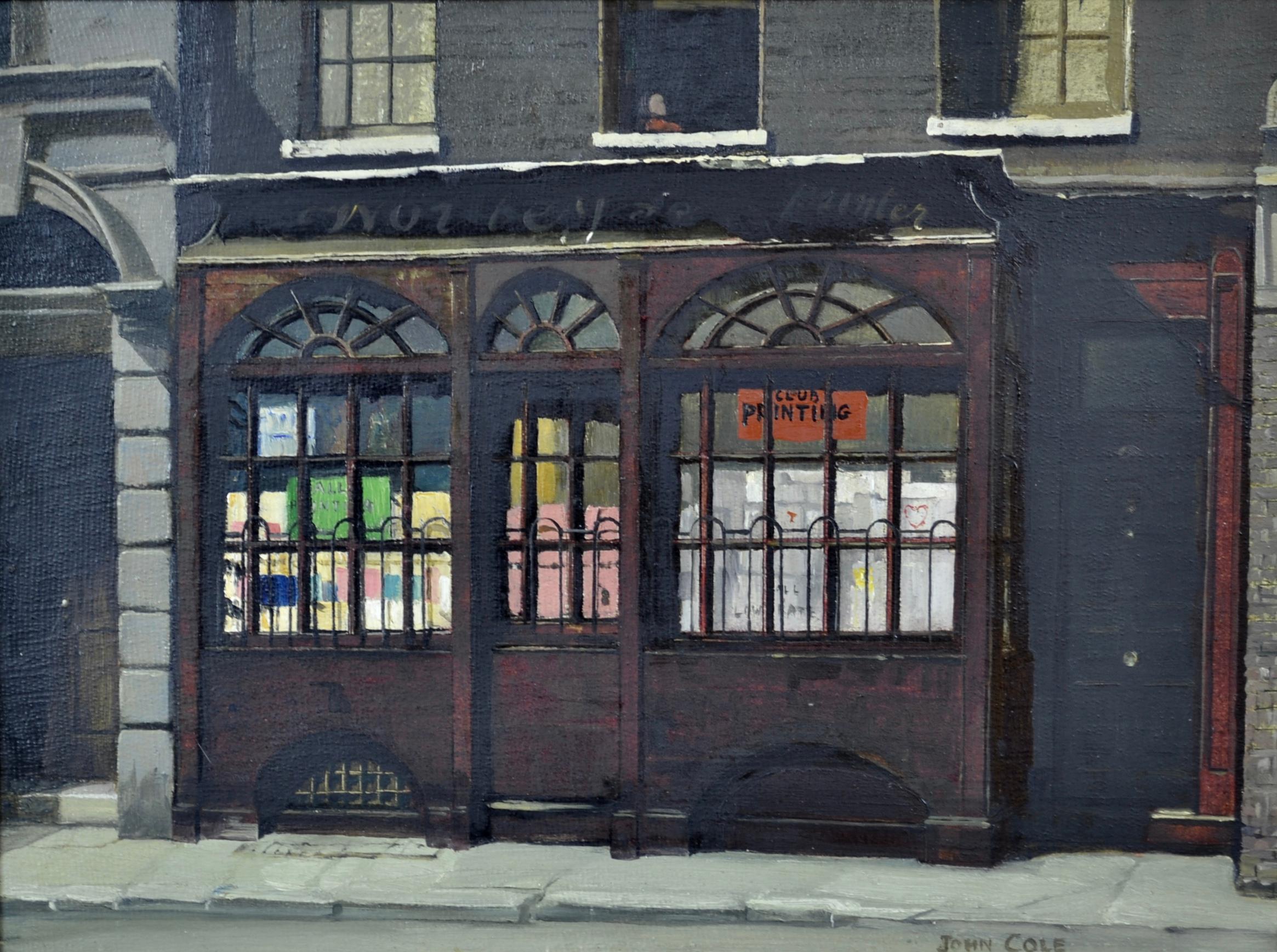 JOHN COLE
(1903-1975)

A Shop Front in Moor Street, Cambridge Circus

Signed l.r.; signed, inscribed with title and the artist’s address on a label on the reverse, oil on panel

30 by 40 cm., 12 by 15 ¾  in.  (frame size 39 by 49 cm., 15 ½  by 19 ¼