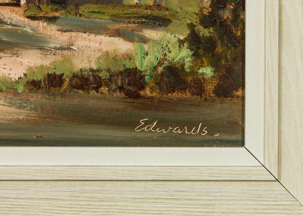 A vibrant farm landscape figures in the foreground, painted with impasto and well presented in a modern gold painted frame with linen inner. Signed. On board.