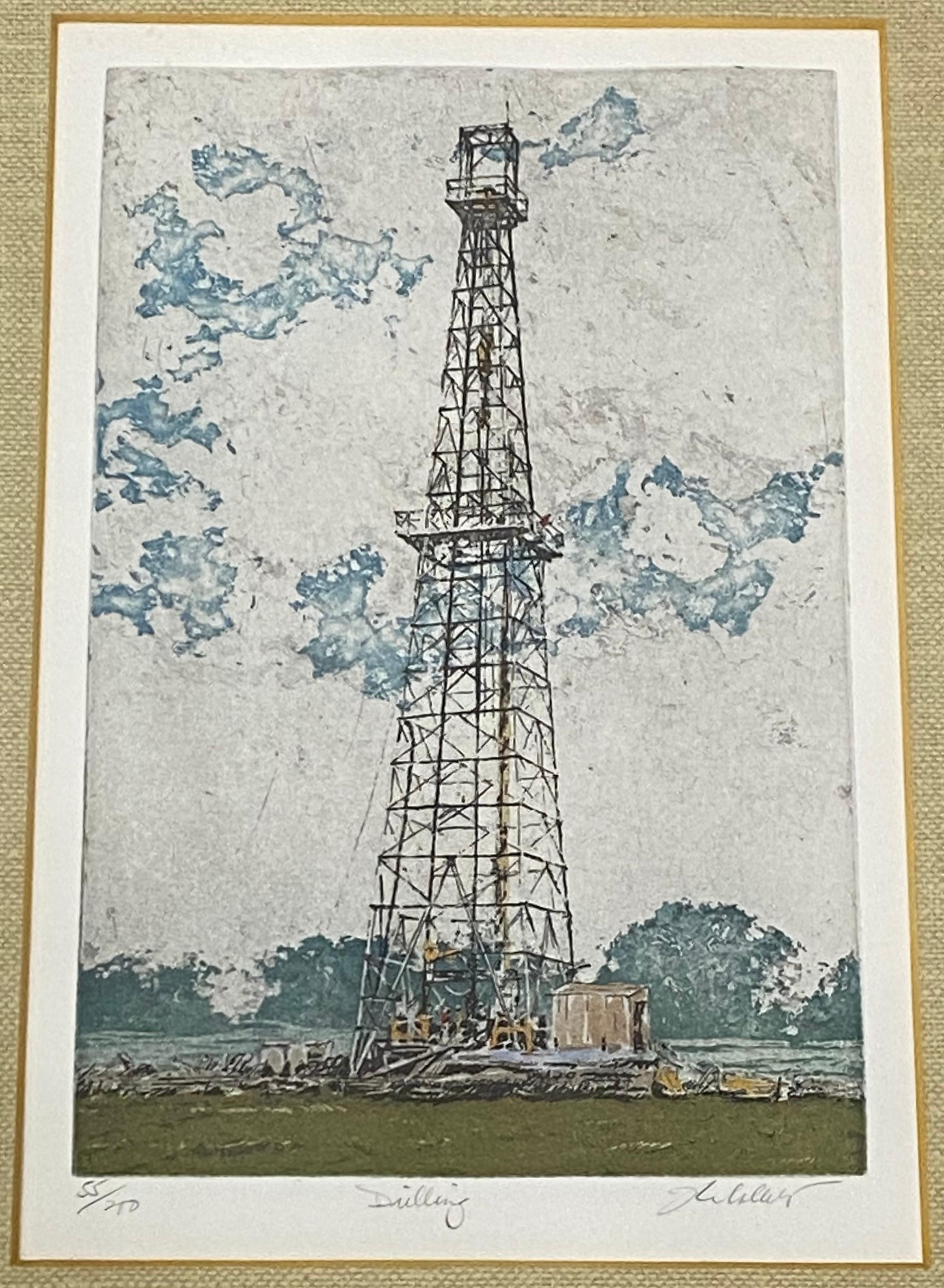 Gravure originale à la pointe sèche à l'aquatinte « Drilling » de John Collette, vers 1980 en vente 1