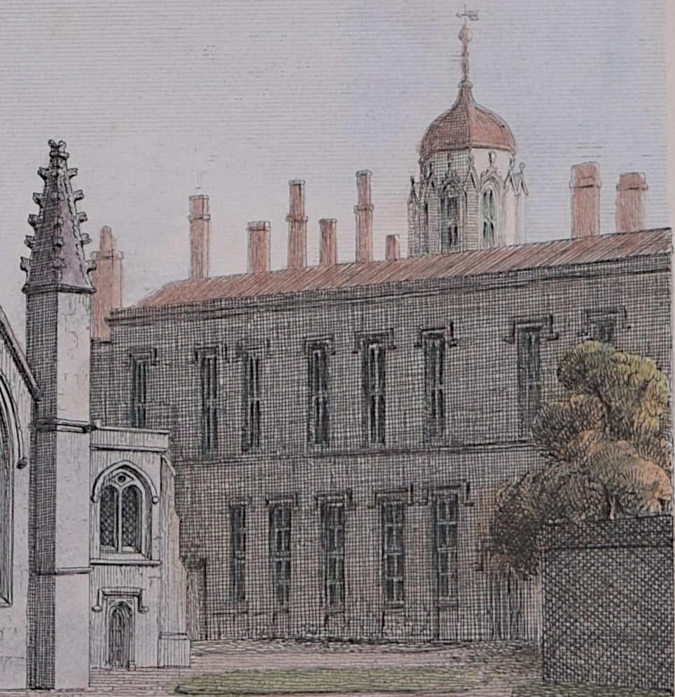 Christ Church's Cathedral, Oxford, 1816, von den Gärten des Dekans aus – Print von John Coney