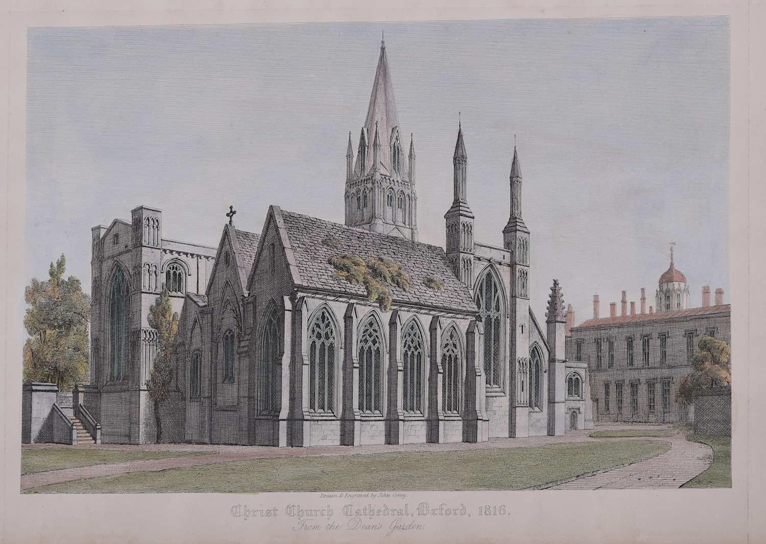 John Coney Landscape Print – Christ Church's Cathedral, Oxford, 1816, von den Gärten des Dekans aus