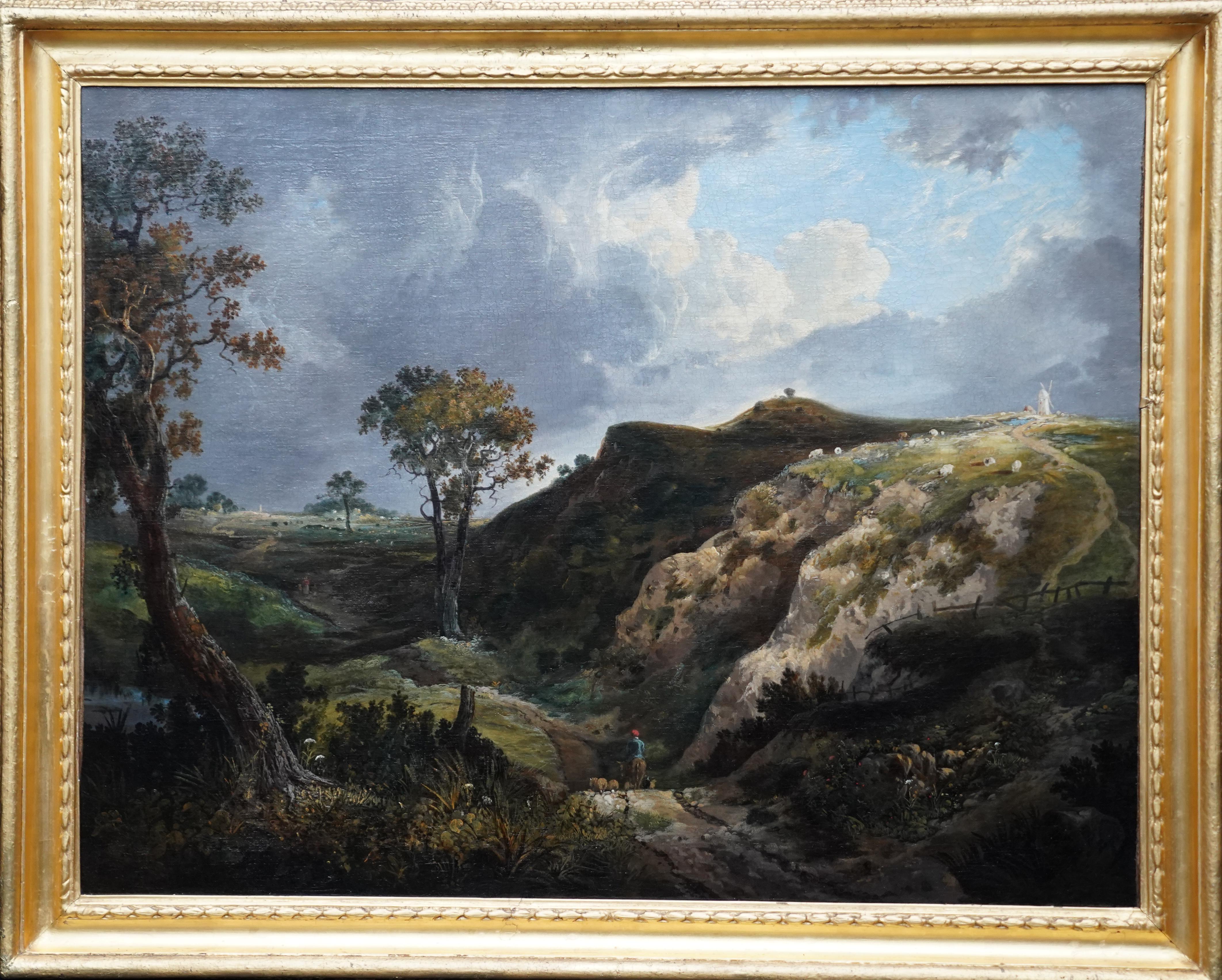  Landscape with Windmill on Hill - British 1800 Old Master art oil painting  For Sale 6