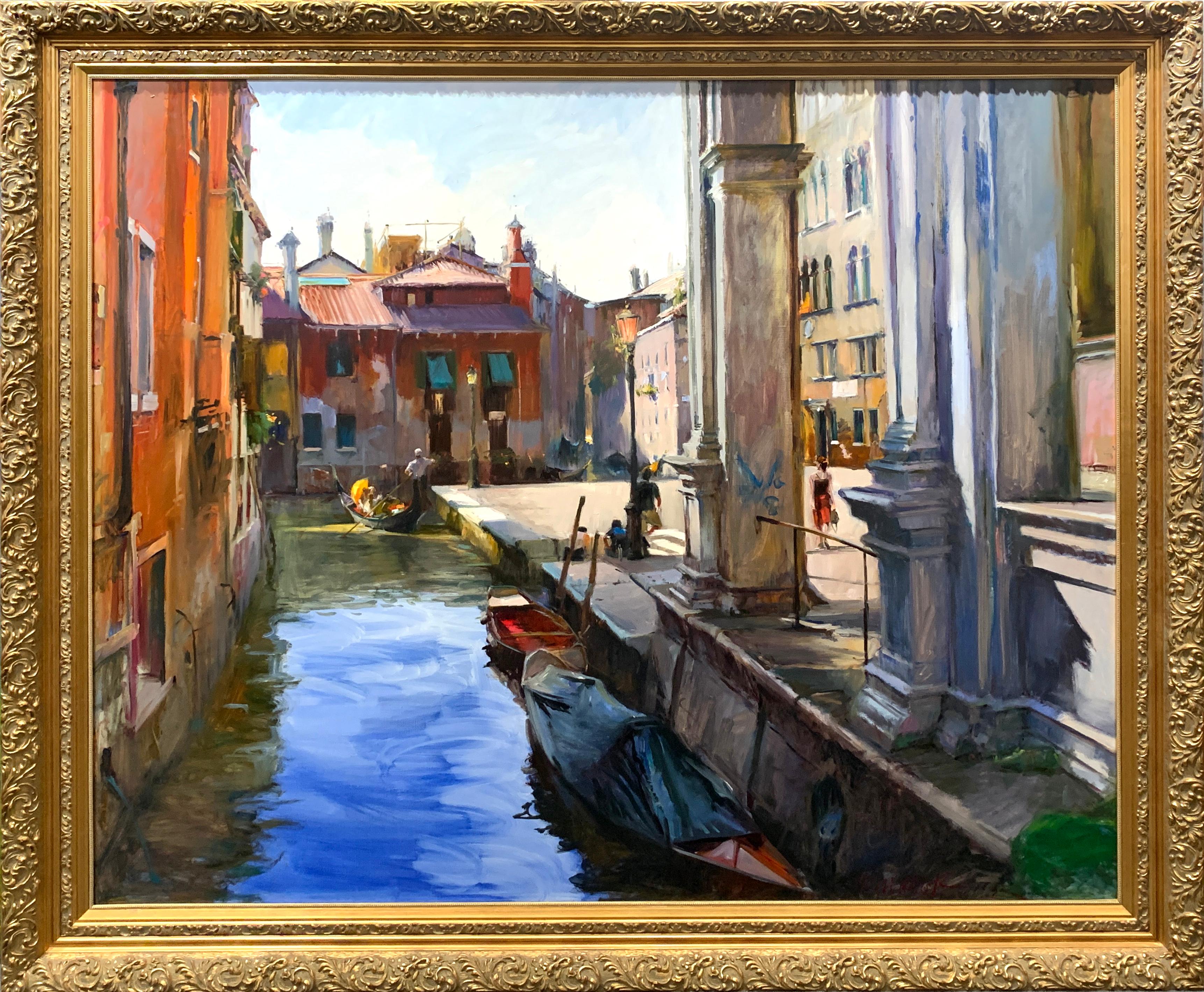 "Best of Times" è un olio originale su tela e misura 60x70 pollici. Cook mostra la sua passione per la cattura delle bellezze naturali in questo paesaggio italiano di Venezia, Italia. Il dipinto impressionista riflette l'acqua di Venezia mentre i