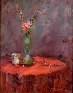 John Cook, "Flowers on Red Table" Oil on Canvas 19 1/2 x 15 1/2  Texas artist