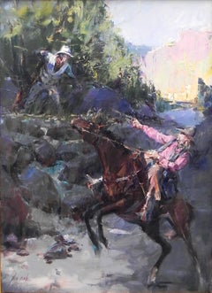 « Let's Talk This Over », John Cook, huile sur toile, impressionnisme, western, cowboy