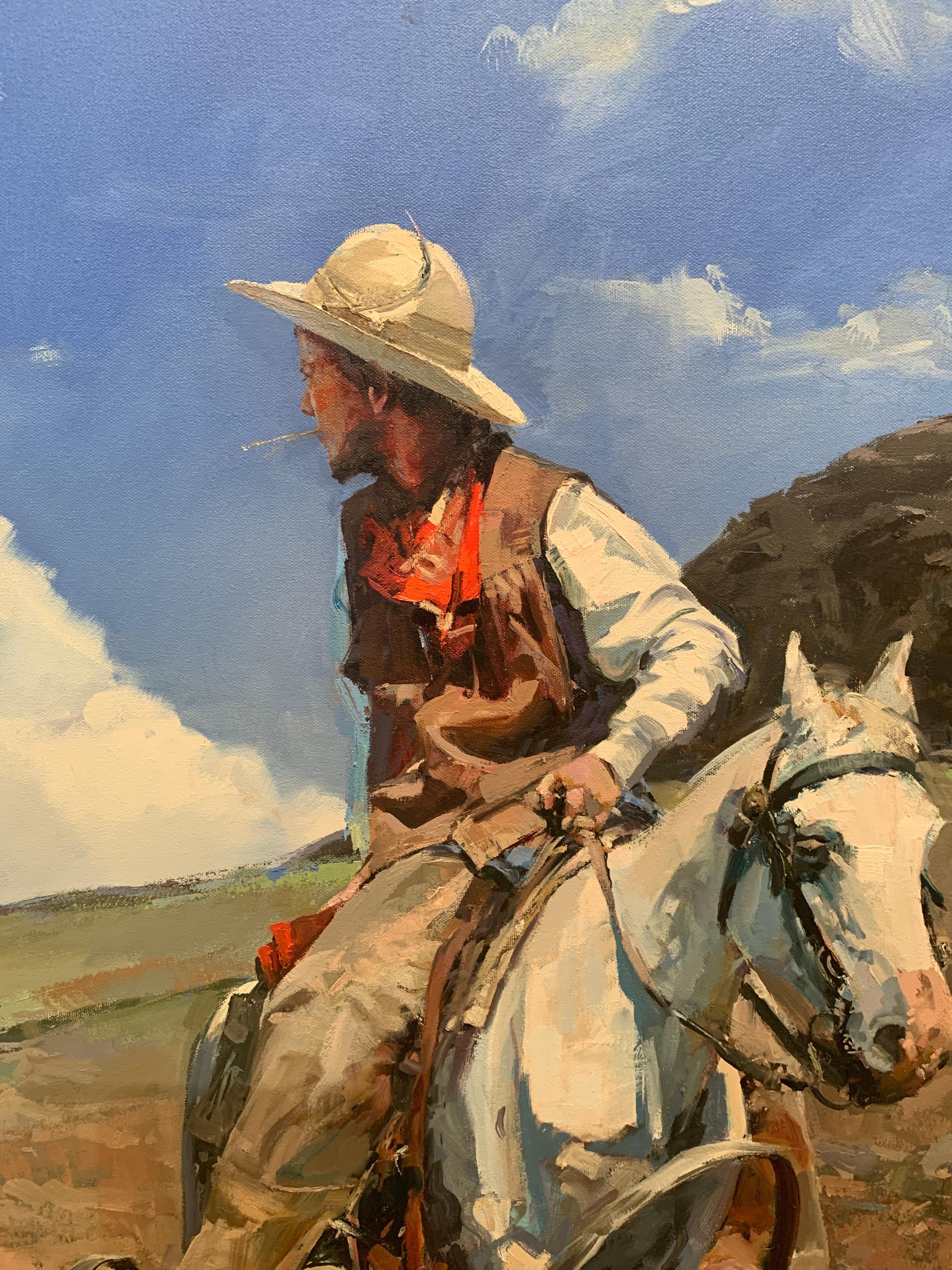 « Lookin Back », John Cook, huile sur toile, impressionnisme, western, cowboy, cheval en vente 1
