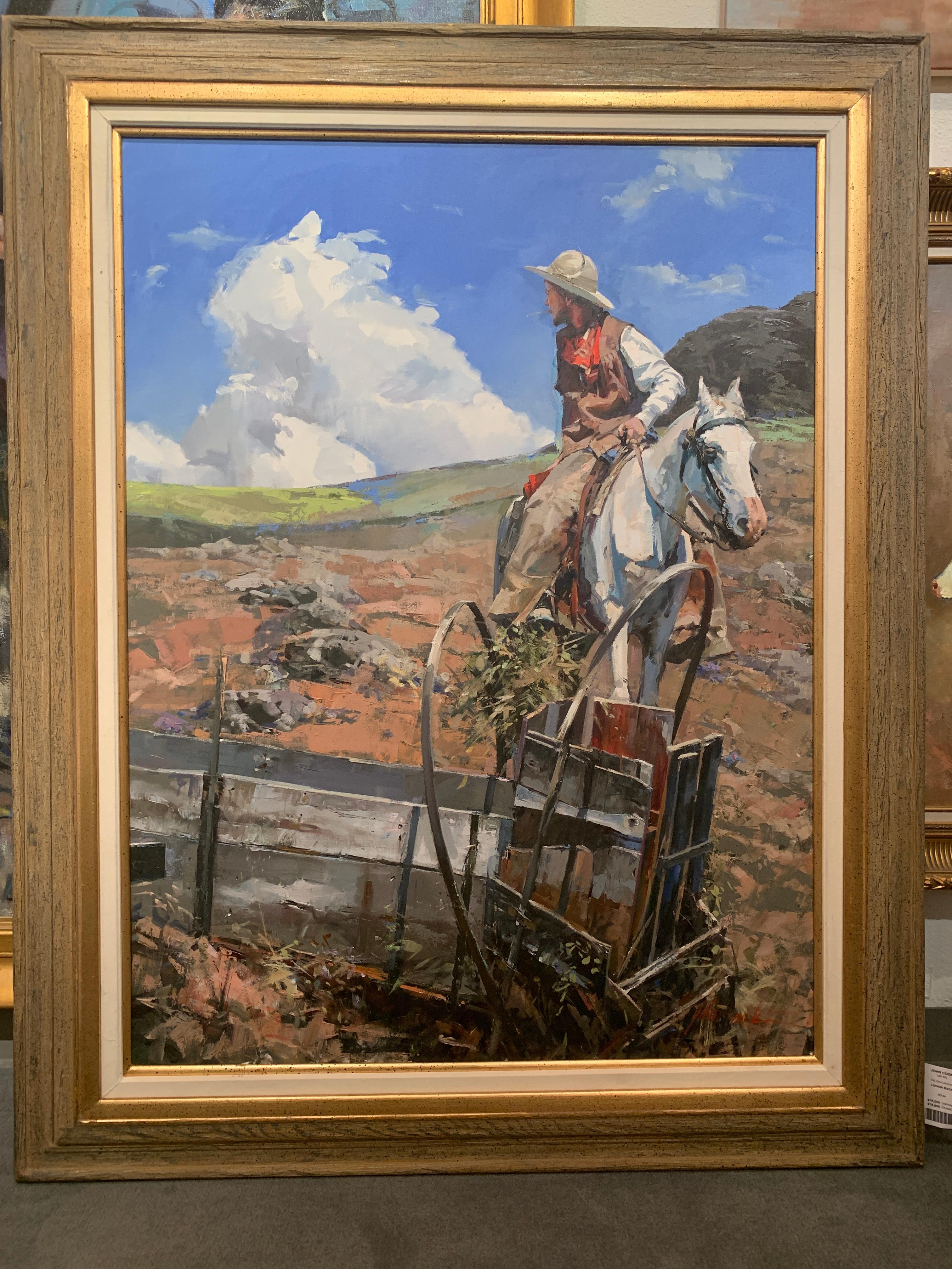 « Lookin Back », John Cook, huile sur toile, impressionnisme, western, cowboy, cheval en vente 5