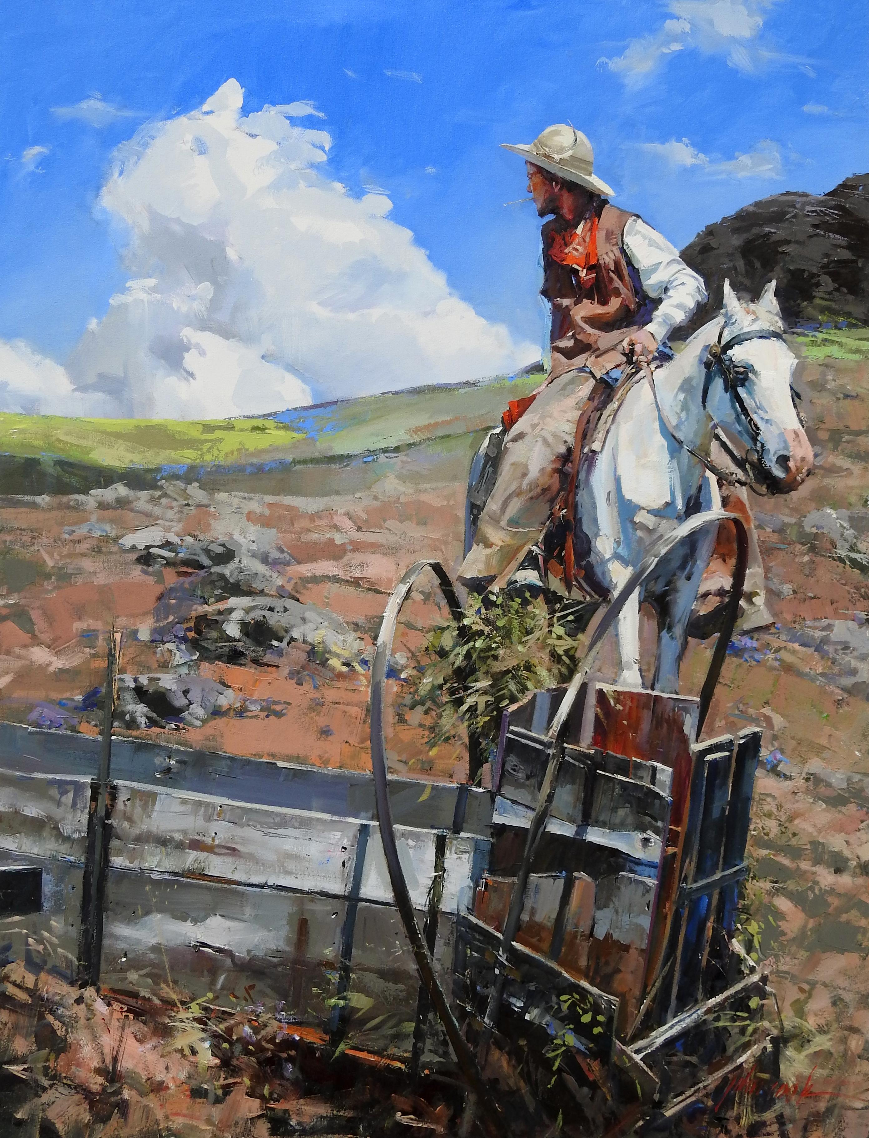 "Lookin Back", John Cook, Oil on Canvas, Impressionism, Western, Cowboy, Horse