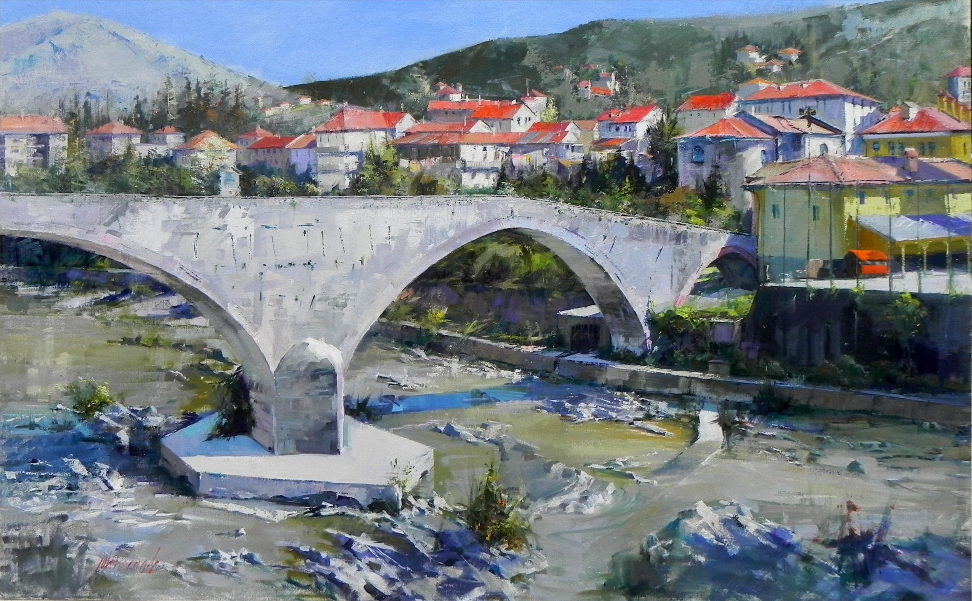 "Pont médiéval à Ronco, Italie" est une huile sur toile originale qui mesure 48x72 pouces. Cook montre sa passion pour la capture de la beauté naturelle dans ce paysage italien d'un pont médiéval. Cette peinture impressionniste représente un pont