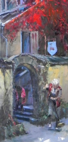 « Red Vines », John Cook, huile sur toile, peinture impressionniste de vignes sur maison