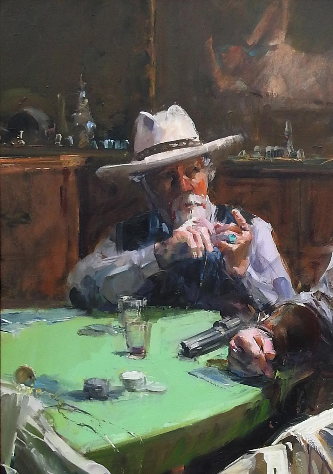 « The Discussion », John Cook, huile sur toile, impressionnisme, western, cowboy en vente 1