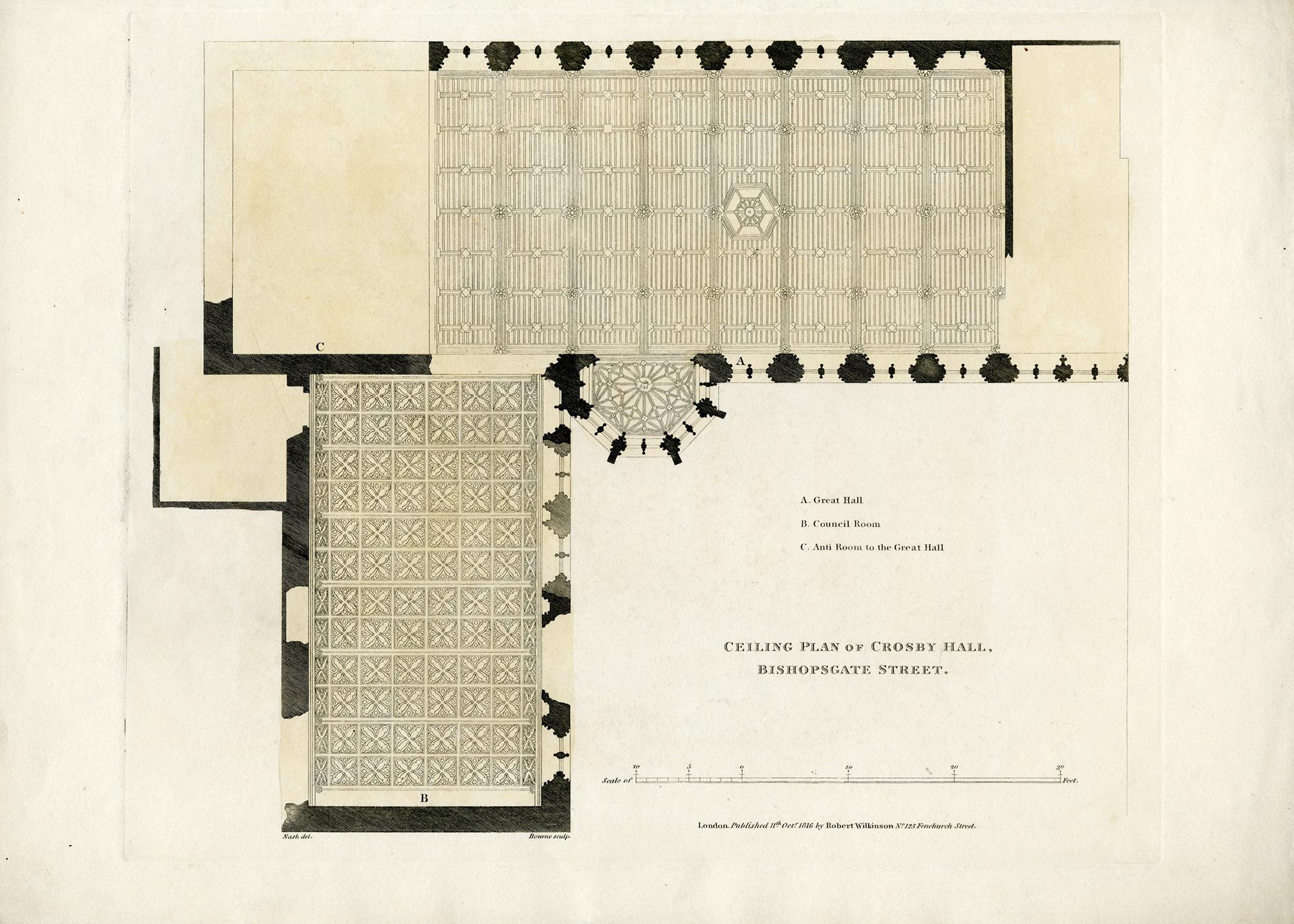 Ceiling plan of Crosby Hall, Bishopsgate Street - Print by John Cooke Bourne