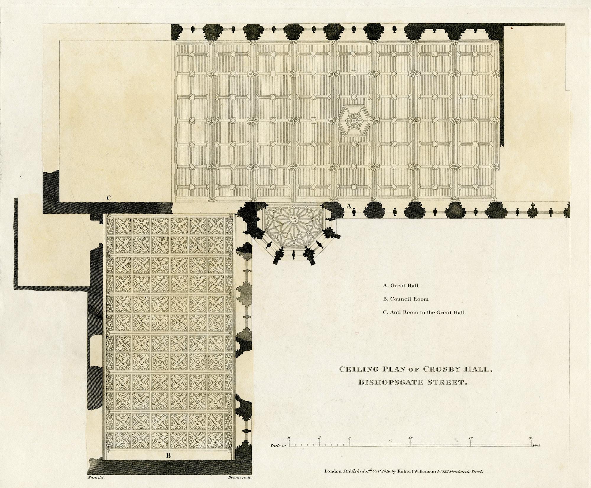 John Cooke Bourne Landscape Print - Ceiling plan of Crosby Hall, Bishopsgate Street