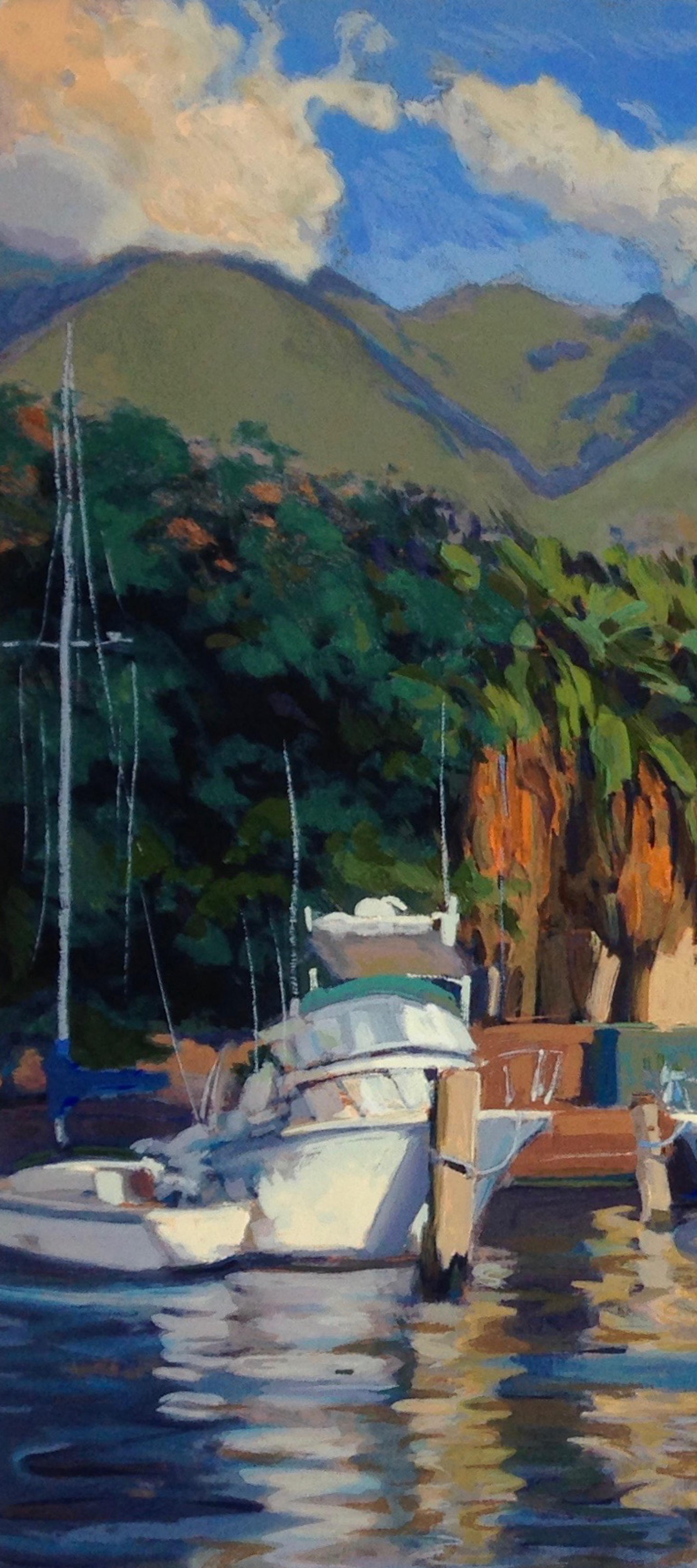 „Afternoon Glow“ Bunte Serigrafie des Hafens von Lahaina – Print von John Cosby