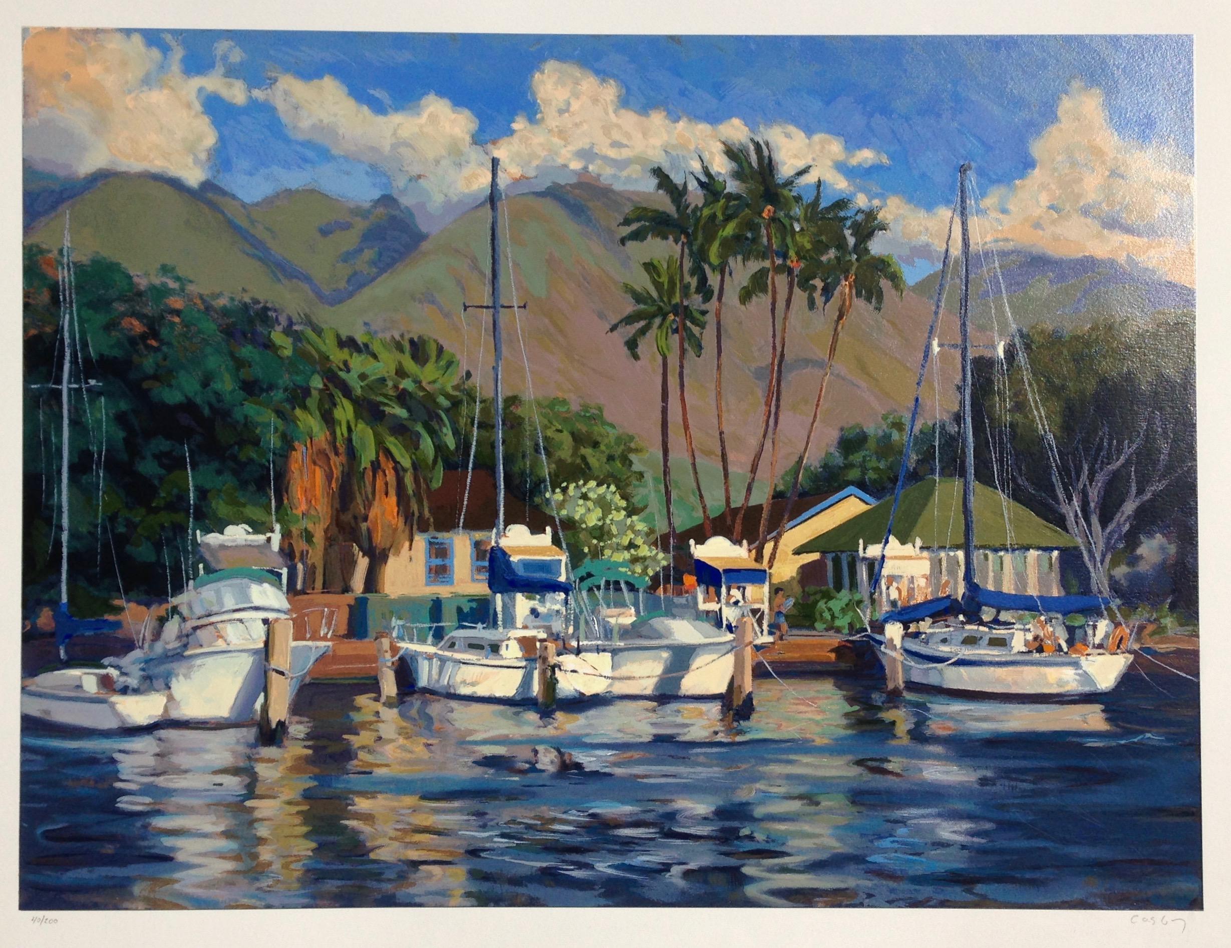 John Cosby Landscape Print – „Afternoon Glow“ Bunte Serigrafie des Hafens von Lahaina 