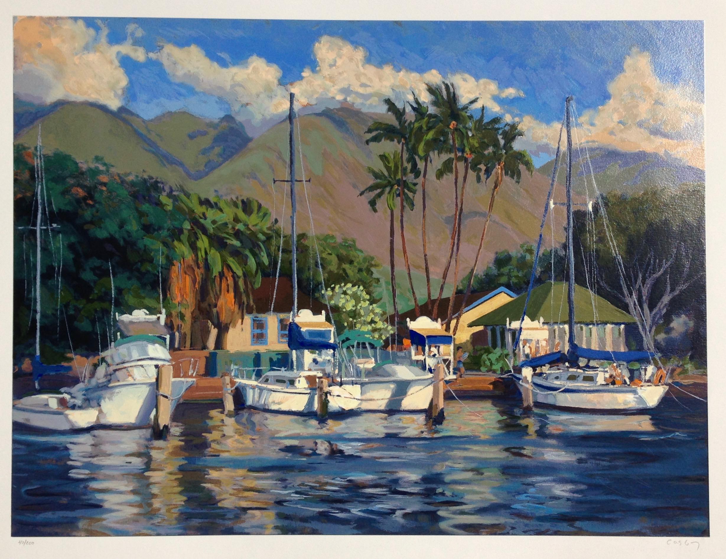 "Resplandor de la tarde" Serigrafía coloreada del puerto de Lahaina, Maui