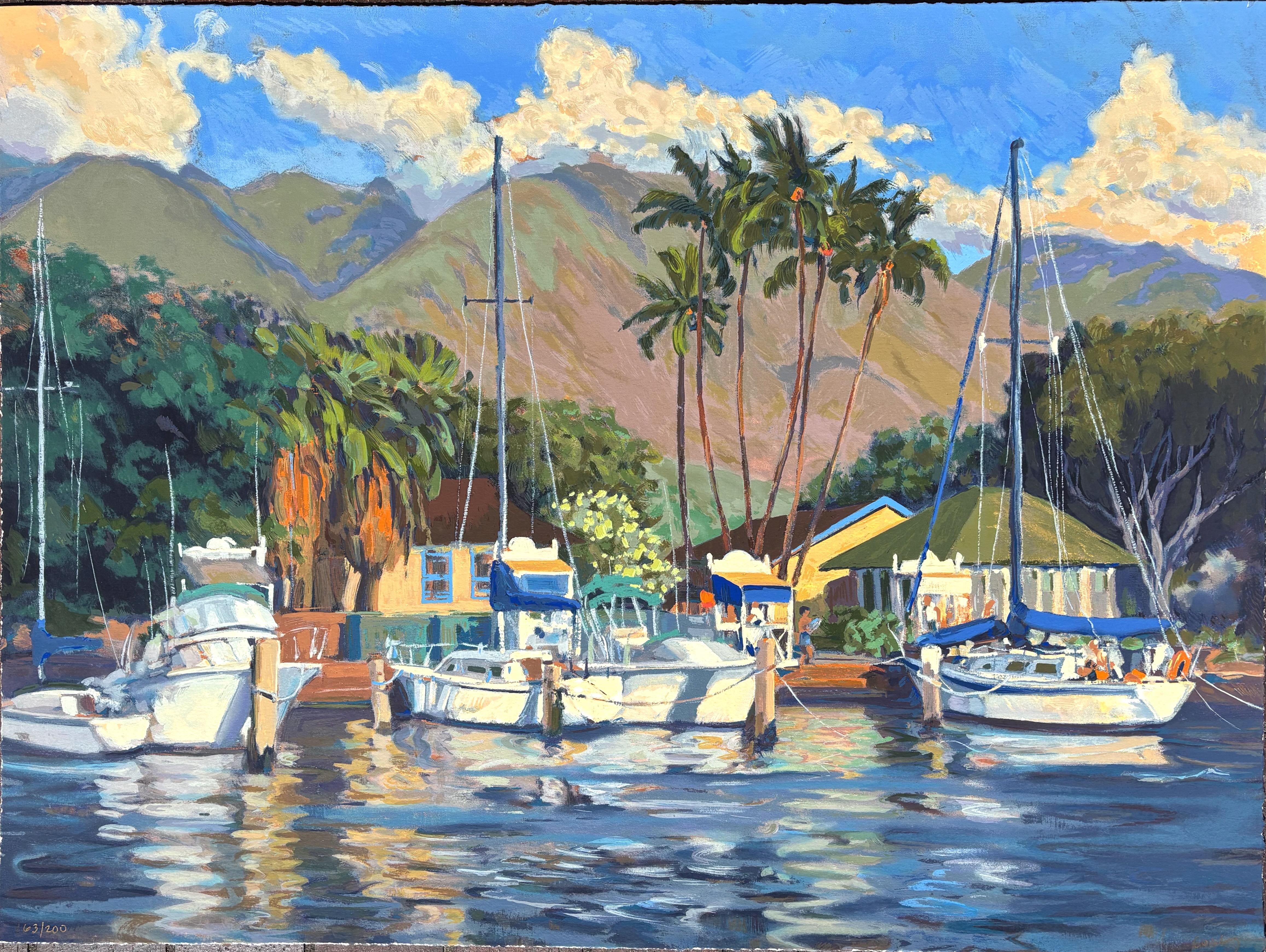 Landscape Print John Cosby - Serigraphie colorée de Lahaina Harbor, Maui
