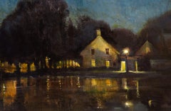 RA NEAC, peinture à l'huile originale BARNES POND LONDON, reflets de nuit, signée