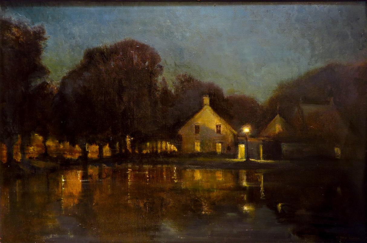 RA NEAC - Original Oil Painting BARNES POND LONDON night reflections SIGNED  - Black Landscape Painting by John Cosmo Clark