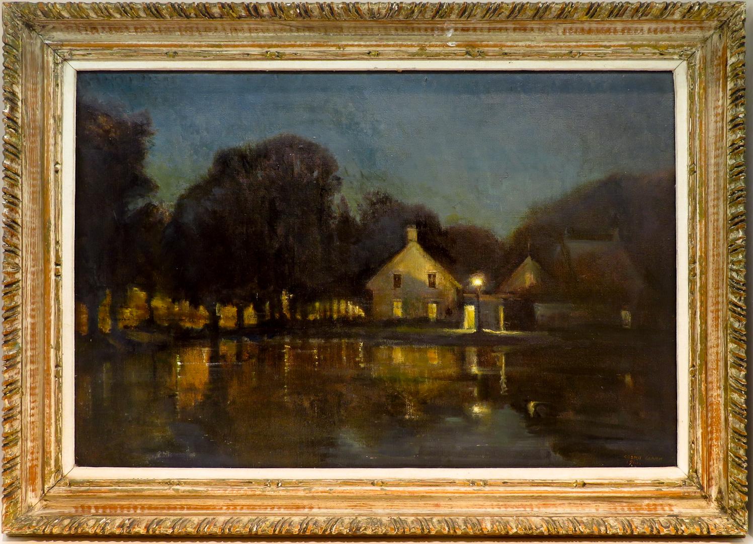 John Cosmo Clark Landscape Painting - RA NEAC - Original Oil Painting BARNES POND LONDON night reflections SIGNED 