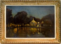 Vintage RA NEAC - Original Oil Painting BARNES POND LONDON night reflections SIGNED 