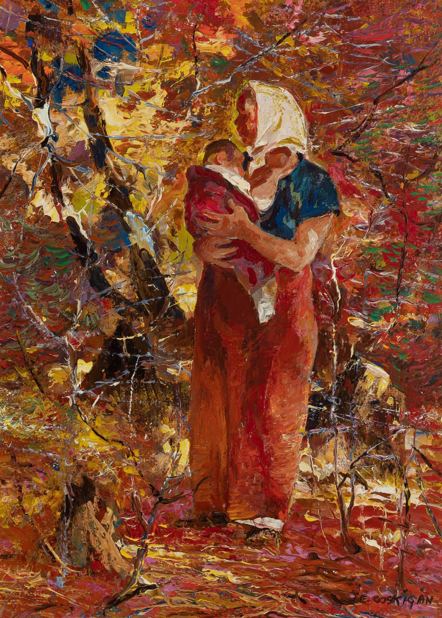 "Mother-Child Autumn Background" John Costigan, Impressionist New York Landscape