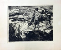 Vintage John Costigan Limited Ed. Signed Original Etching BOY WITH COWS