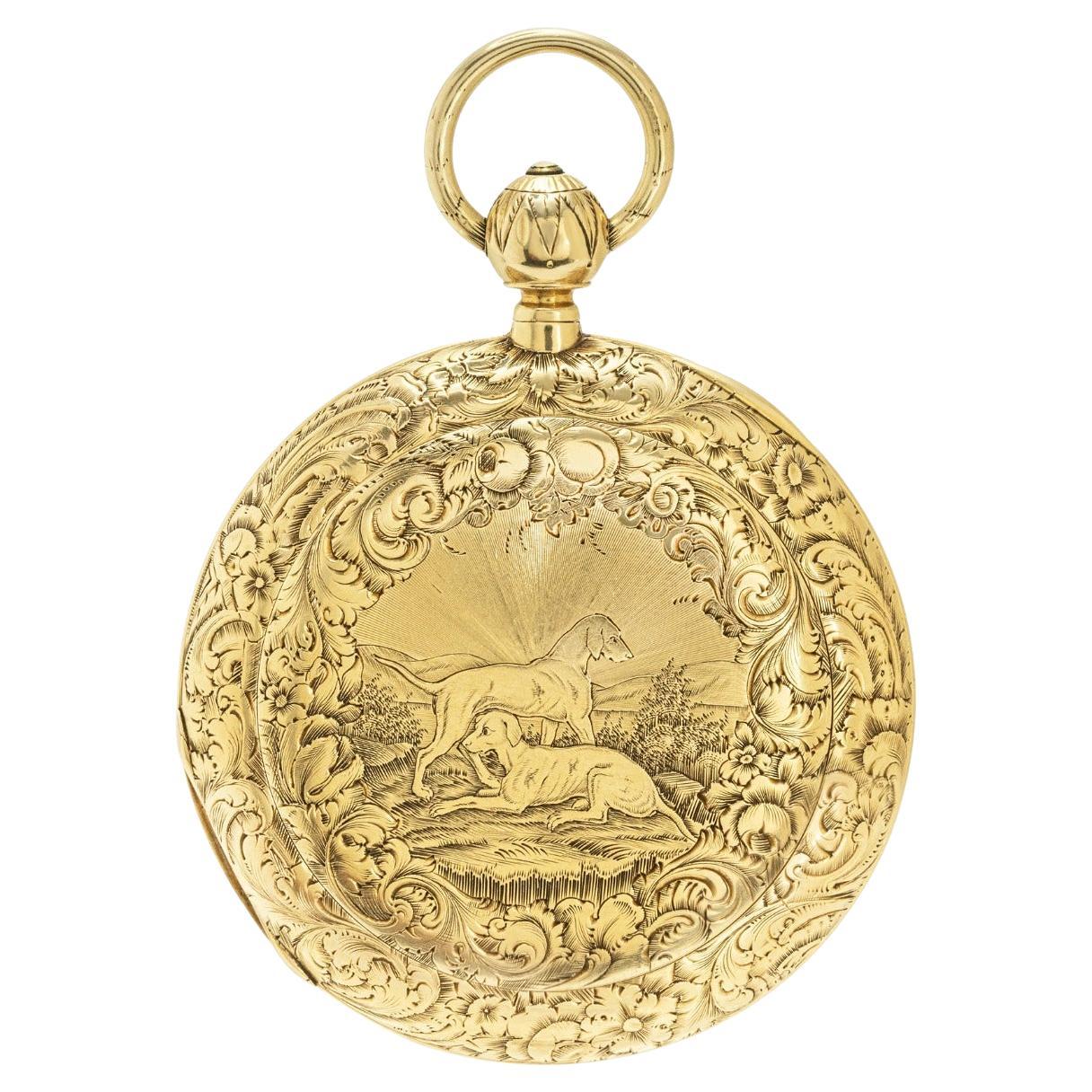 John Cragg. A Rare and Important Heavy 18ct Yellow Gold Cabriolet Keywind Fusee Lever Pocket Watch C1850

Dial: The white enamel dial signed John Cragg London with Roman numerals outer minute track and subsidiary seconds dial at six o'clock. The