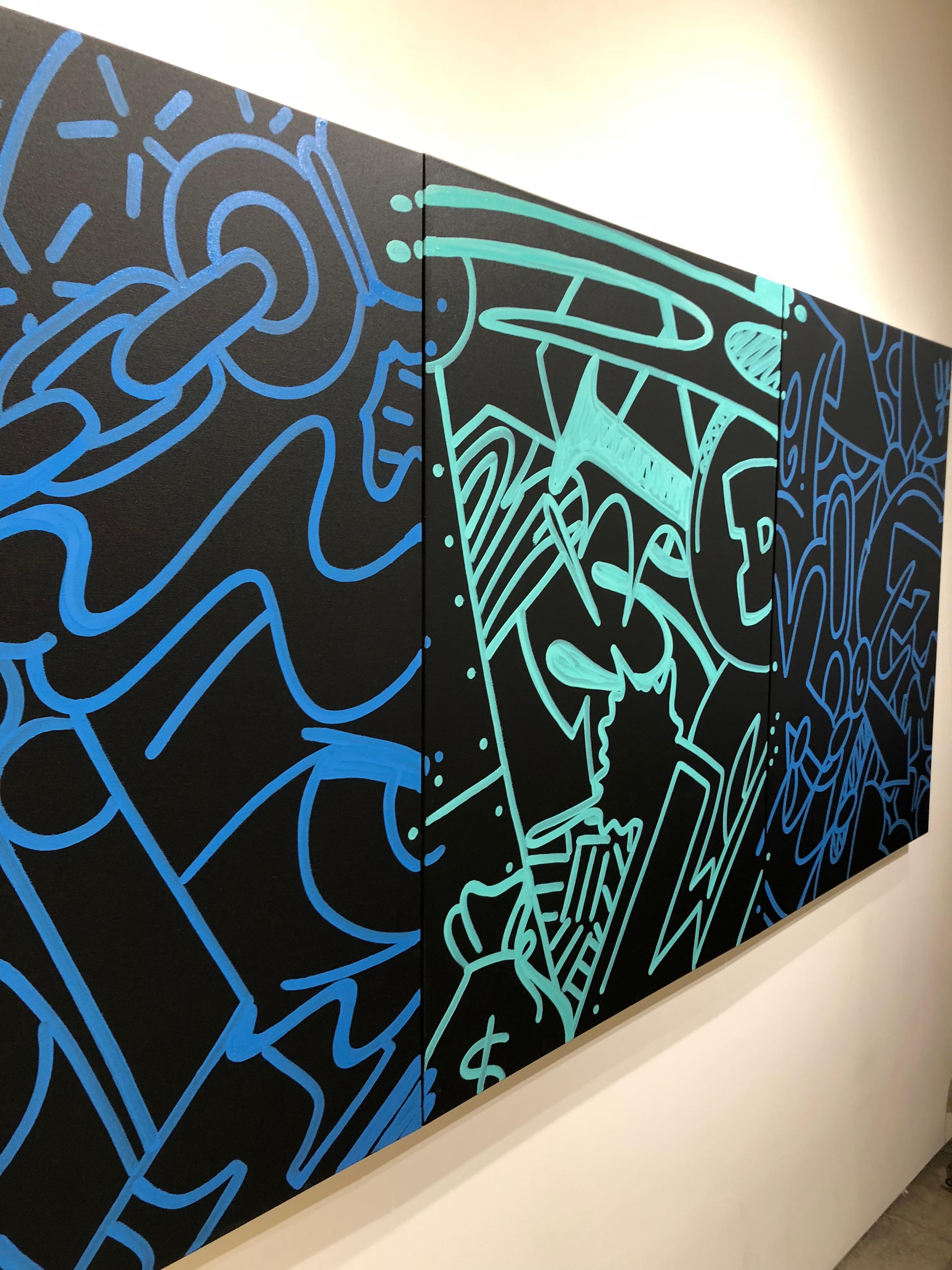 John CRASH Matos
3 Degrees of Separation (Triptych-3 pieces)
Spray Paint and Enamel on Canvas
40 inches x 90 inches total size

Graffiti Art, Street Art, Urban Art

Born John Matos in 1961, CRASH was raised in the Bronx, New York.  At the age of 13,